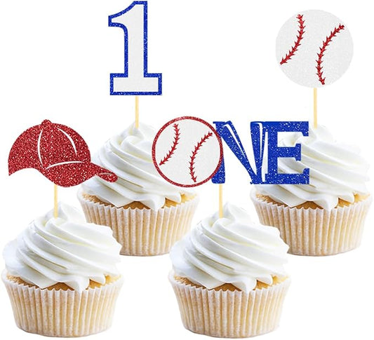 24Pcs Glitter Baseball Cupcake Toppers, 1st Birthday Baseball Theme Party Decorations