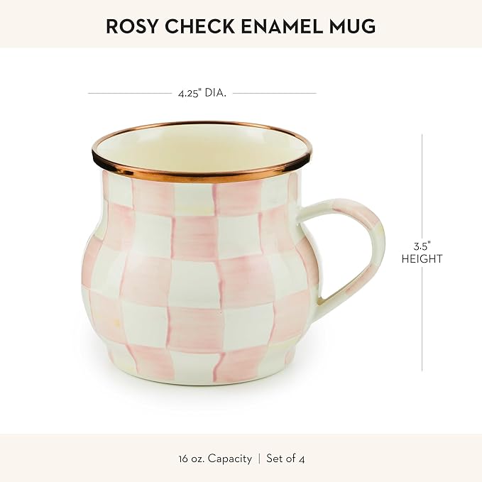 MACKENZIE-CHILDS Enamel Mug, Cute Enamelware Coffee and Tea Mug, Unique Drinkware, 16 Ounces, Pink-and-White Rosy Check, Set of 4