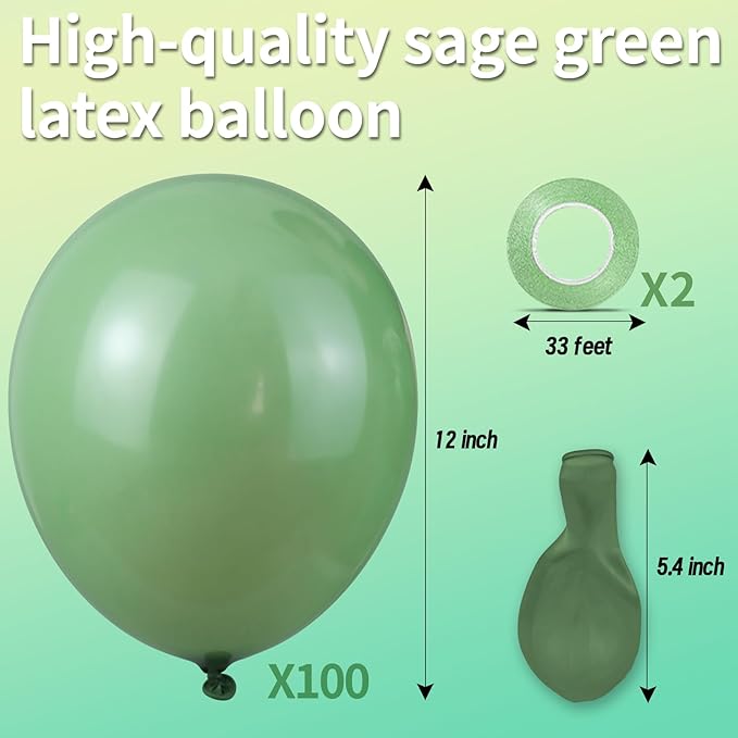 Sage green Balloons 100 Pack 12 inch Round Helium Olive Green Balloons for Birthday Jungle Theme Safari Baby Shower Retro Neutral Wedding Party Decorations