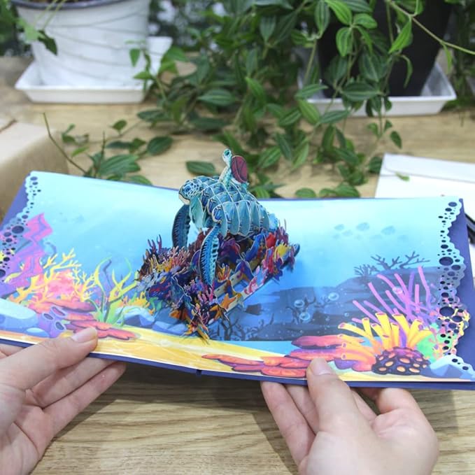 CUTE POPUP 3D Blue Daddy and Baby Turtles Pop Up Card - Premium Italy Paper Handmade Greeting Card for Father's Day, Mother's Day, Birthday - Gift for Parents, Animal Lovers - Table Decor (6x6 inches)