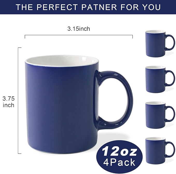12 oz Cup (4pcs), Plain Gloss Blue Ceramic Coffee Mug for Milk Tea, Set of 4
