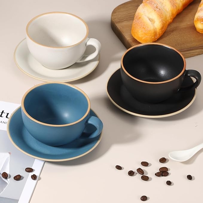 uxcell Handmade Vintage Espresso Cups, 3 oz Coffee Cups and Saucers Ceramic Tea Cup with Handle Dishwasher and Microwave Safe for Latte Cappuccino Milk Office Home Gifts, Morandi Blue