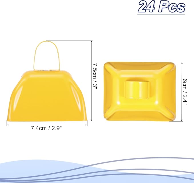 PATIKIL 3inch Cow Bells for Football Games, 24pcs Cowbells for Sporting Events Bulk Loud Noise Makers Metal Cow Bell with Handle for Cheering Competition Marathon Wedding DIY Paint, Yellow