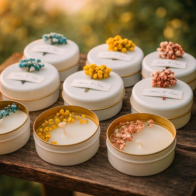 Personalized Natural Soy Wax Wedding Favor Candle Gift Set for Guest - Fall Winter Christmas Custom Dried Flower Bridal Baby Shower Gifts in Bulk (20 Pieces, Pink Flower)