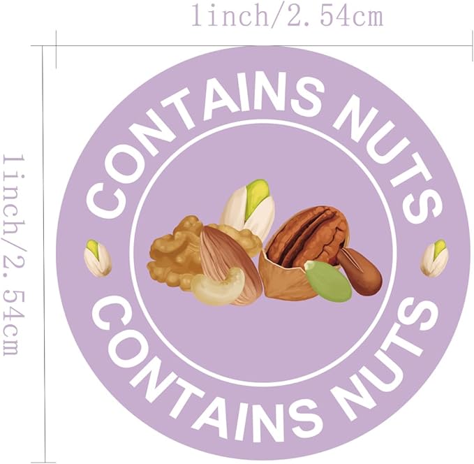 500 Pcs Contains Nuts Stickers 1 inch Nut Allergen Allergy Warning Stickers Tree Nuts Allergen Round Allergies Food Rotation Labels Allergic to Nuts for Food Packing Retail and Restaurants (Purple)