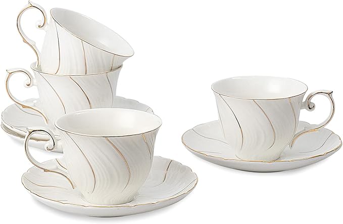 tea cups and saucers ceramic coffee mug 6oz for Coffee, Latte, Cafe Mocha and Tea-Set of 4, White