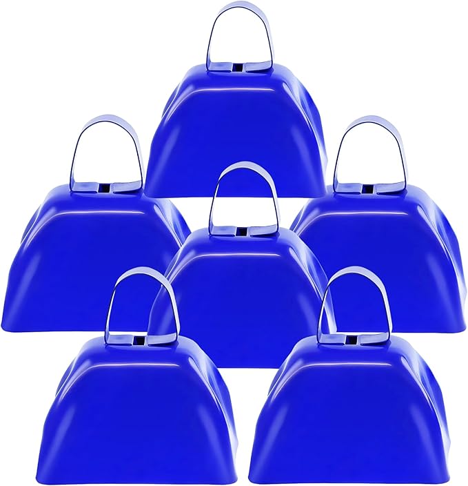 6PCS Metal Cow Bells Noisemakers, 3 Inch Loud Cow Bell Noise Makers for Sporting Events Party Favors with Handles, Great for Football Competitions, Sports Games, Celebration Parties (Blue)