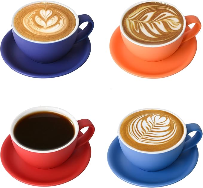 Yundu Ceramics Latte Cup and Saucer - 10 oz for Cappuccino,Tea,Cafe Mocha, Set of 4,Matte Mixed Color