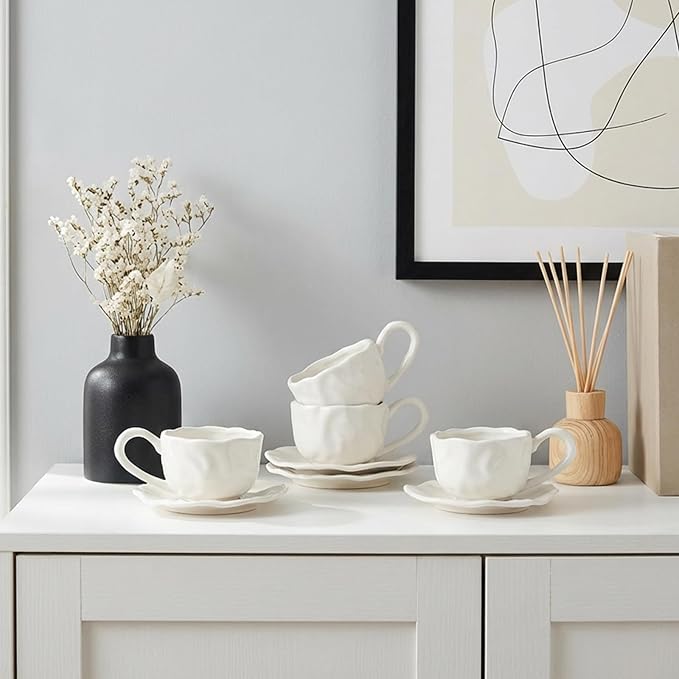 Ceramic Espresso Cups with Saucers 6 oz,Coffe Cups for Cappuccino,Latte,Tea with Saucers Set of 4 - Folds - White