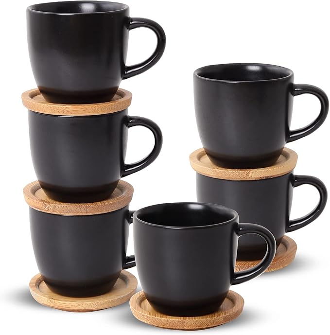 Hasense 4 OZ Espresso Cups and Saucers Set of 6, Demitasse Cups with Handle for Latte, Cappuccino, Cafe Mocha and Tea, Porcelain Coffee Cups for Coffee Bar and Party, Black