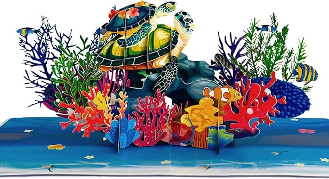 CUTE POPUP Father day Turtles Pop Up Card Mesmerizing Ocean Design for Mother's Day, Father's Day, Birthdays (6x6 inches)