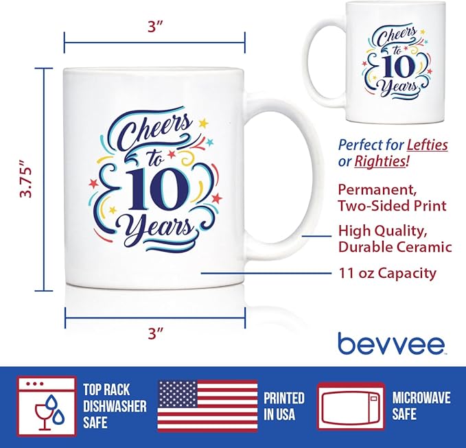 Bevvee Cheers to 10 Years - Coffee Mug Gifts for Women & Men - 10th Anniversary Party Decor - 11oz White Ceramic Mug