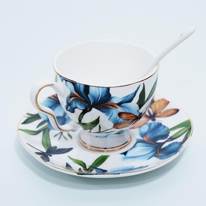 Bone China Tea Cup and Saucer Set with Spoon，Elegant Floral Tea Cup Set (7 oz)，British Coffee Latte Mug for Mother's Day Gifts