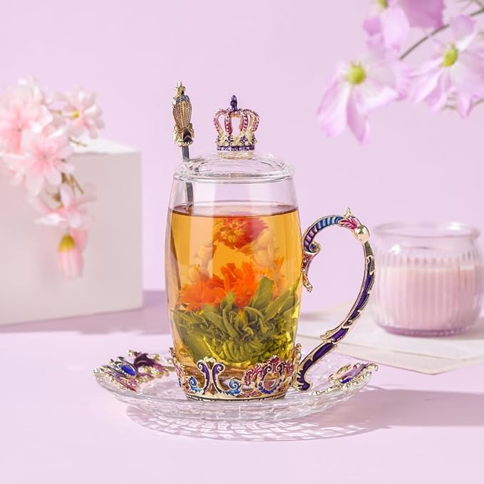 Tea Mugs for Women Purple Tea Cups with Lid Spoon Saucer Crown Glass Coffee Mug Mothers Day Gifts Thanksgiving Christmas Gift(12oz Crown)
