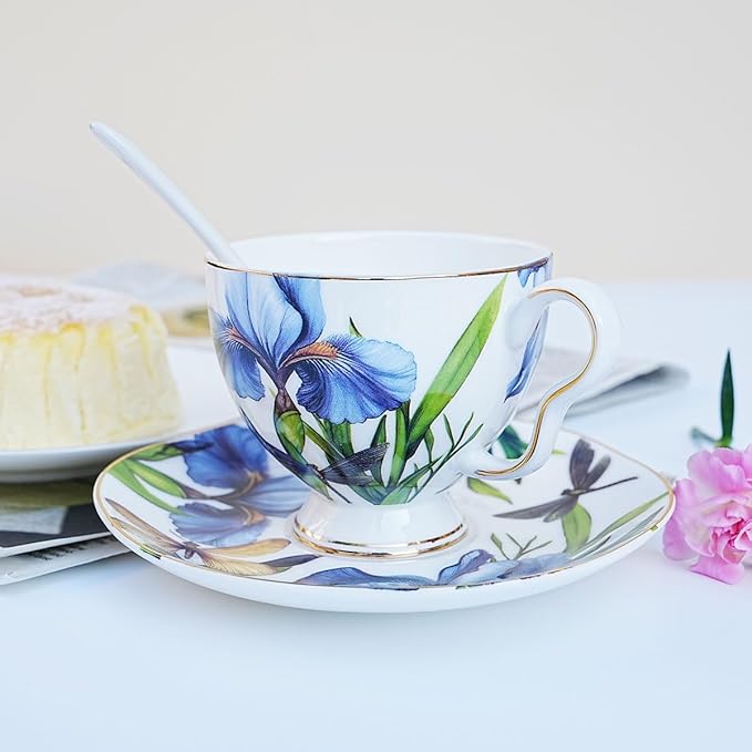 Bone China Tea Cup and Saucer Set with Spoon，Elegant Floral Tea Cup Set (7 oz)，British Coffee Latte Mug for Mother's Day Gifts