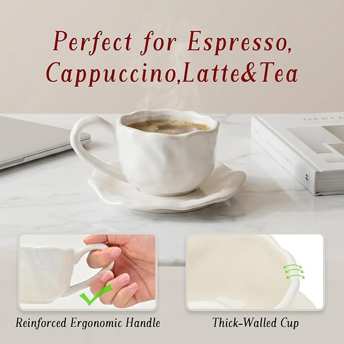 Ceramic Espresso Cups with Saucers 6 oz,Coffe Cups for Cappuccino,Latte,Tea with Saucers Set of 4 - Folds - White