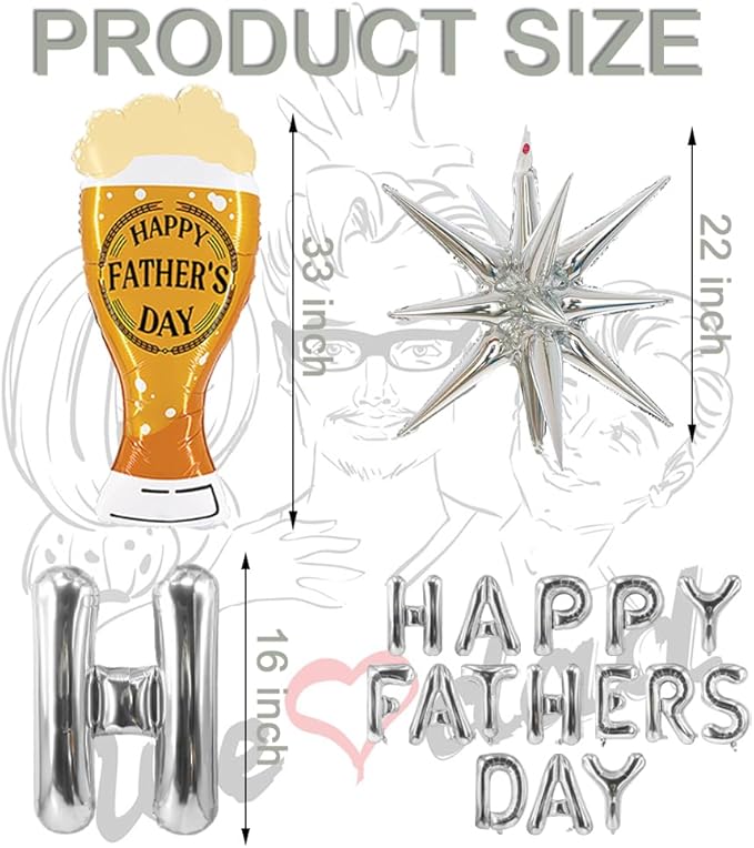 Silver Letter Balloon Happy Father's Day Balloons Banner Beer Balloons Star Balloon for Father's Day Themed Party Happy Fathers Day Party Supplies Decorations Sets-19 PCS