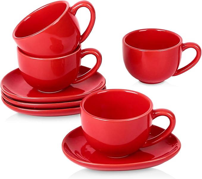 vicrays 6.5 oz Cappuccino Cups with Saucers, Set of 4, Ceramic Coffee Cup for Au Lait, Double shot, Latte, Cafe Mocha, Tea (Red)
