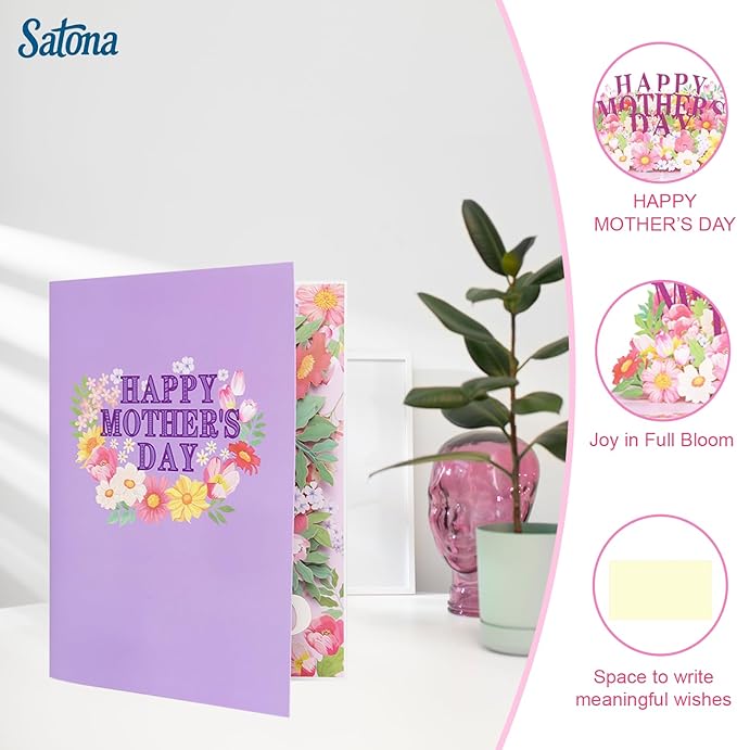SATONA 3D Mother Pop-Up Greeting Card, Elegant Floral Scene, Includes Envelope & Message Card, Perfect for Mothers, Wives, Grandmas, or a Special Occasion (Happy Mother’s Day - Flower)