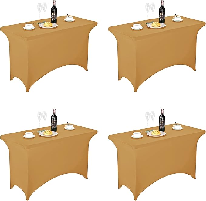 FORLIFE 4Pack Spandex Table Covers，Fitted Tablecloth for Rectangular Tables, Stretch Patio Table Covers, Universal Spandex Table Cover for Wedding, Banquet, Party (4ft, Gold)