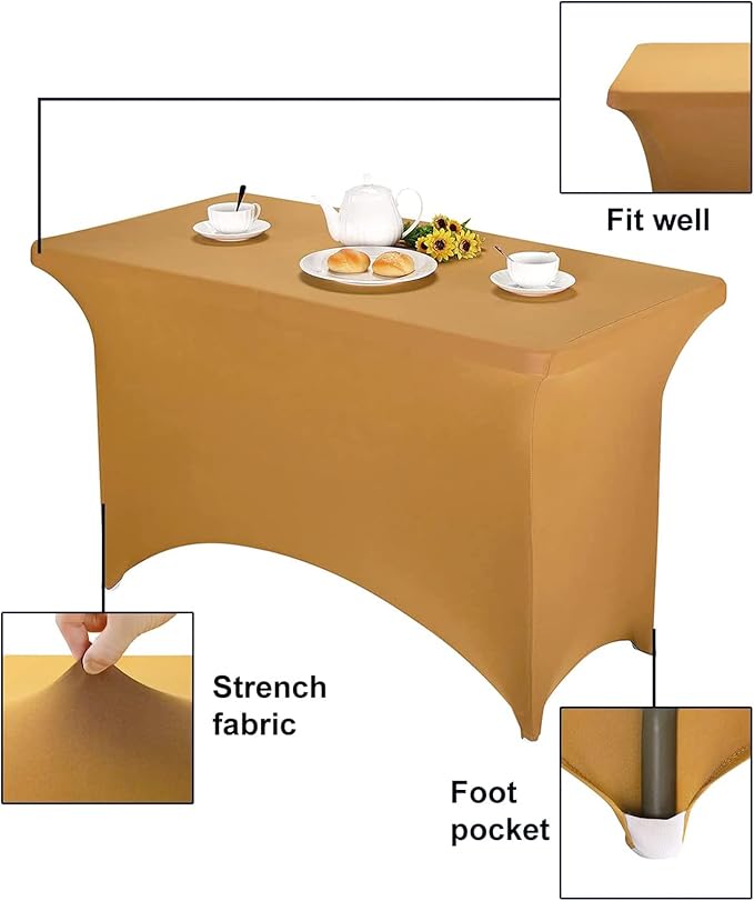 FORLIFE 4Pack Spandex Table Covers，Fitted Tablecloth for Rectangular Tables, Stretch Patio Table Covers, Universal Spandex Table Cover for Wedding, Banquet, Party (4ft, Gold)