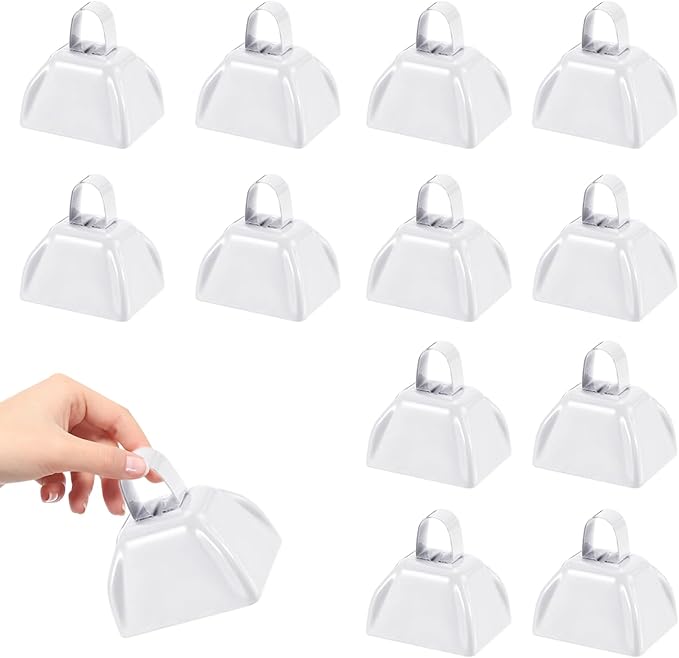 3Inch Cowbells for Sporting Events,12Pcs Metal Cow Bells Bulk Loud Noise Makers Cow Bell with Handle for Cheering Football Games Spirit Marathon Weddings Party Noisemakers, White