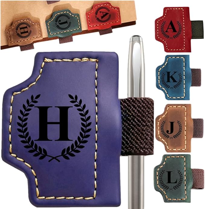 Custom Bookmark with Pen Holder with 26 Letters Personalized Magnetic Leather Book Mark, Customized Name Book Marker Clip with Initial for Men Women, Gifts for Book Lovers, Readers, (Purple, H)