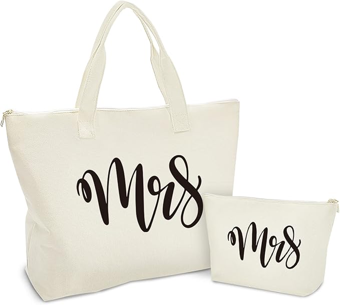 Mrs Canvas Tote Bag with Zipper, Bride Gifts for Bachelorette Party, Engagement, Wedding, Bridal Shower