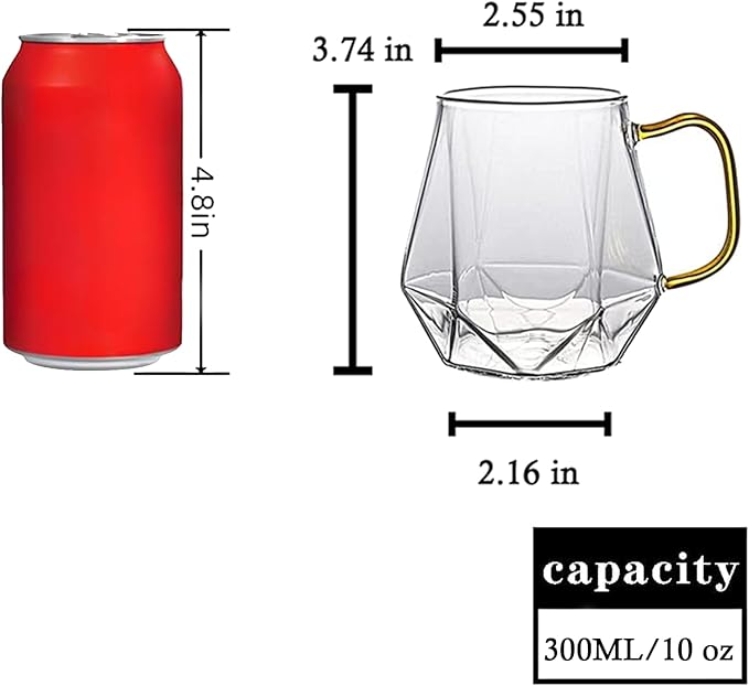 10 oz Clear Glass Espresso Cups Set of 2 Coffee Cups with Handle Crystal Coffee Mug Borosilicate Heat Resistant for Liquor Tea Beverages Milk Latte Cappuccino