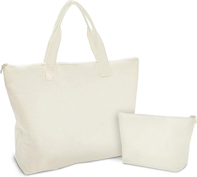 Blank Canvas Bags with Inner Pocket,Top Zipper Closure,Reusable Grocery Shopping Bag with Make Up Bag,DIY Gifts Tote Bag for Women Friends White