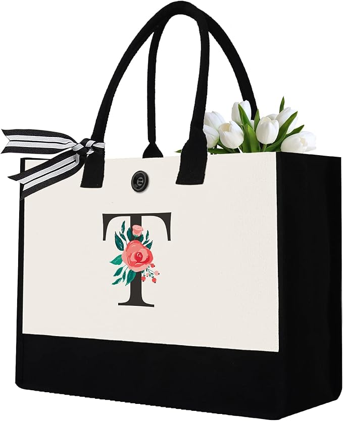 Initial Canvas Tote Bag, Personalized Birthday Gifts for Women Mom Friends Teachers, Monogrammed Tote Bags Suitable for Mother's Day Wedding Beach (Letter T)