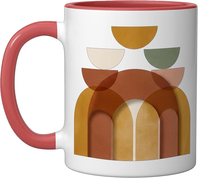 Mid-Century Modern Abstract Landscape Earthy Boho Arches Ceramic Mug, Red/White