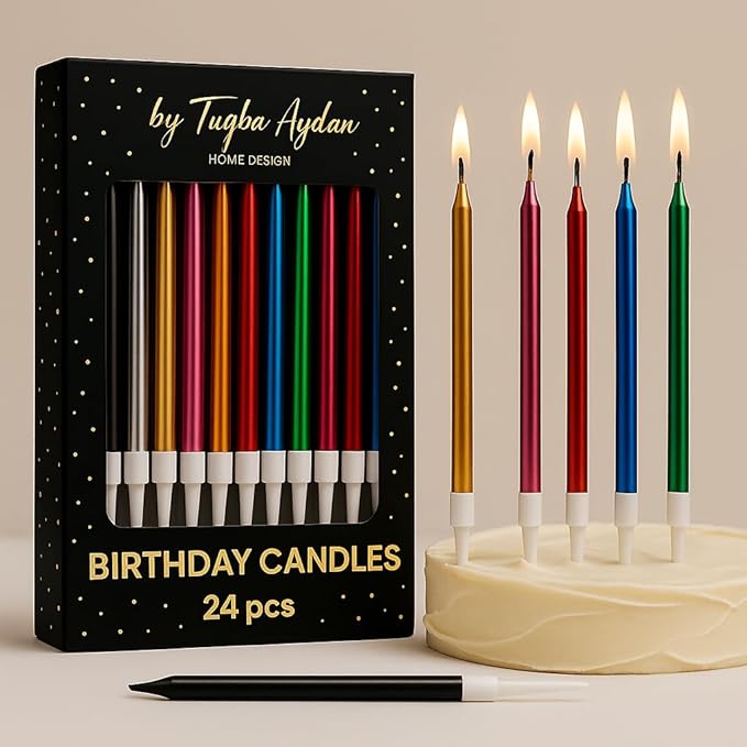 by Tugba Aydan - Rainbow Birthday Candles - 24 Count Long Thin Rainbow Birthday Candles for Cake, Metallic Cake Candle for Birthday, Party Candles