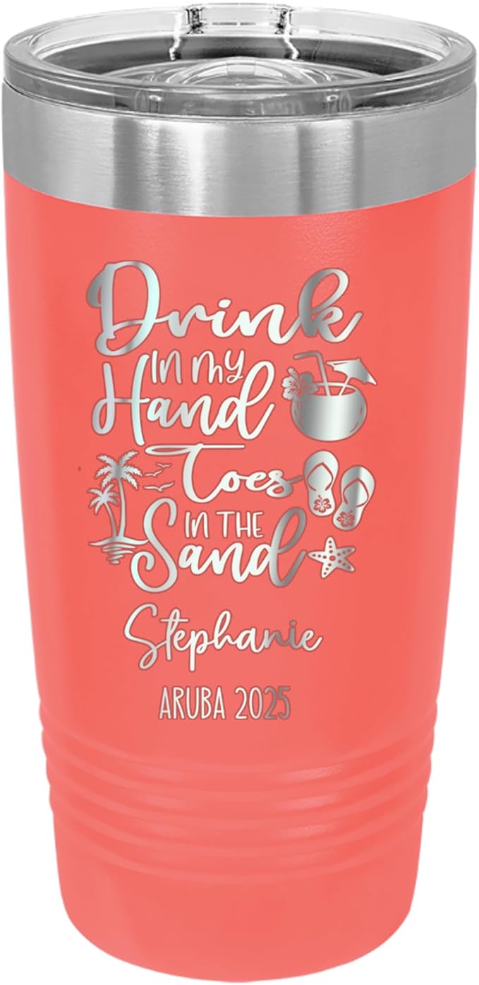 Drink In My Hand Toes In The Sand 20z Tumbler, Summer Mug, Stainless Travel Mug For Friends, Family Or Colleagues, 2025 Summer Tumbler (coral)