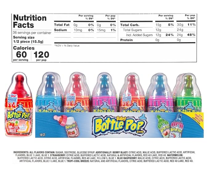 Baby Bottle Pop Christmas Candy Lollipop, 18 Ct Bulk Lollipops w/Dipping Powder in Assorted Fruity Flavors, Full Size, Individually Wrapped Hard Candy For Party Favors, Stocking Stuffers, Kids Gifts