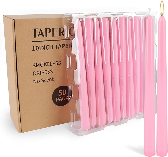 50-Pack Pink 10-Inch Taper Candles, Dripless Elegance for 8-Hour Burn - Perfect for Weddings, Baby Showers & Romantic Dining, Unscented Classic Dinner Candles