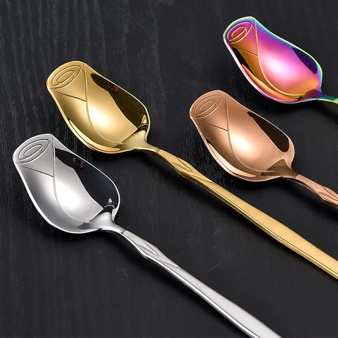 Stainless Steel Spoon Set - 5 Pack, Rose Flower & Dessert Spoons, Cute (Colorful)