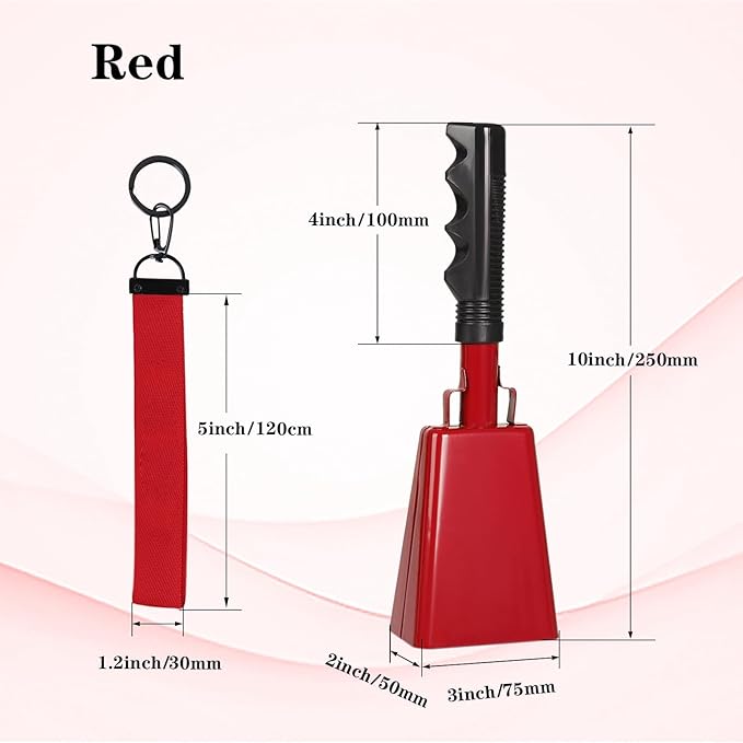 10inch Metal Cowbells with Handle, 1Pcs Cow Bells with Wrist Strap for Sporting Events, Football Games,Party, Concert, Graduations, Farm Ranch, Red