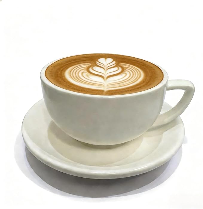 Ceramic Latte Mug, 10.82oz Barista Cup with Saucer, 7mm Thickened Rim Ceramic Cappuccino Cup, Vintage Latte Art Mug for Home & Café (Ore White)