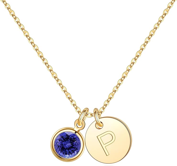 Hidepoo Initial Birthstone Necklace for Girl Women - 14K Gold Plated Disc Letter Necklace Personalized Gifts Jewelry Birthstone Initial Necklaces Birthday Gift for Female Teens Mom