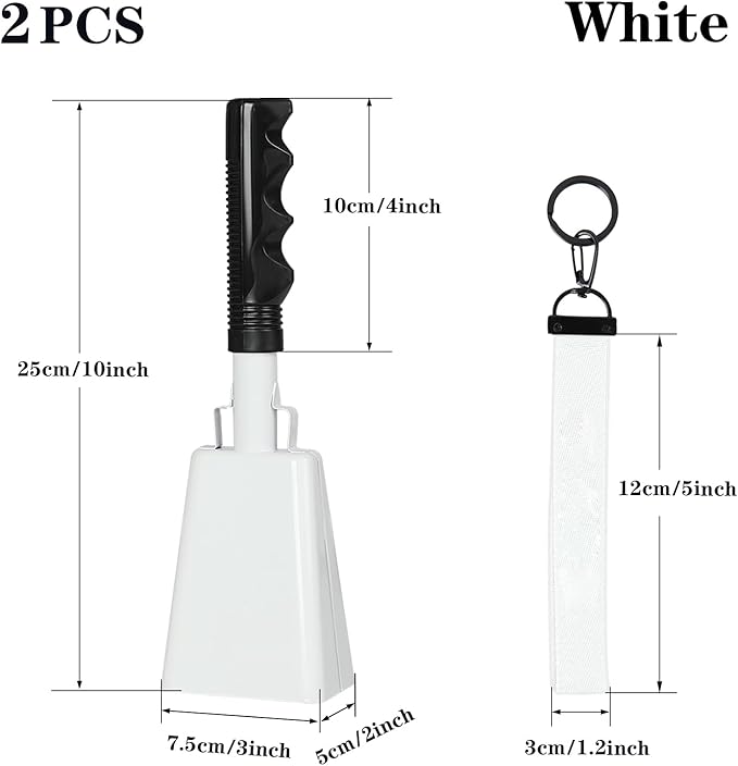 10Inch Cowbells with Handle for Sporting Events, 2Pcs Large Cow Bells with Wrist Straps, Loud Noise Makers for Cheering Football Games Spirit Marathon Weddings Party Noisemakers, White