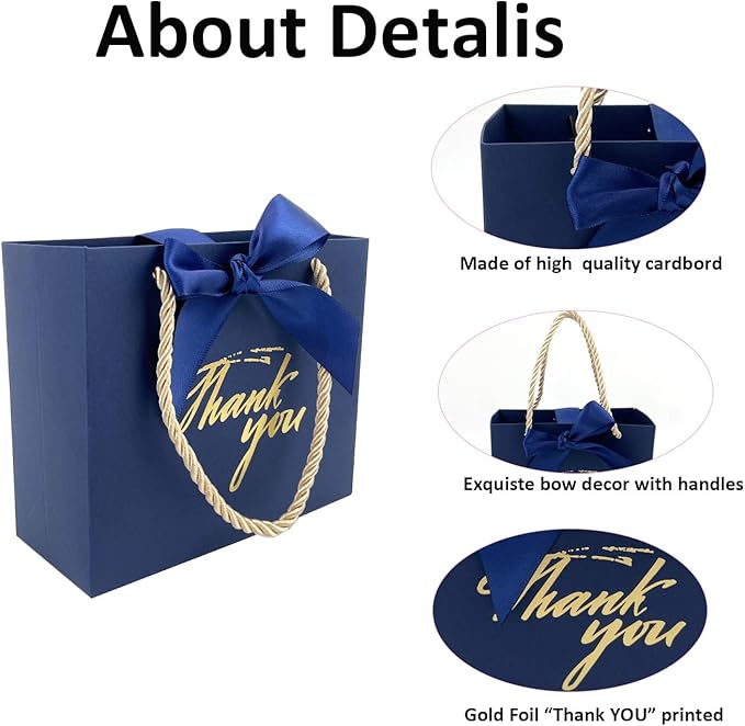 TKSBAG 50 Pack Small Thank You Gift Bags with Handles, 5.5''x 2.5''x4.7'' Mini Navy Blue Gift Bags Bulk for Baby Shower, Birthday, Wedding, Party Favors, Back to School, Summer Party