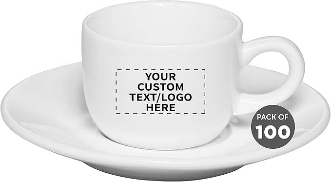 Custom Porcelain Espresso Cups with Saucer 2.5 oz. Set of 100, Personalized Bulk Pack - Perfect for Coffee, Tea, Espresso, Hot Cocoa, Other Beverages - White