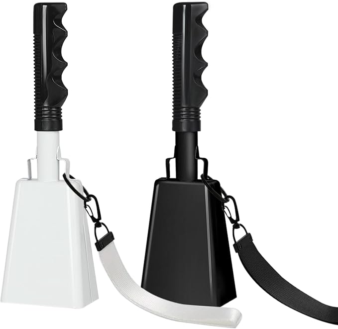 10Inch Cowbells Set with Handle for Sporting Events, 2Pcs Large Cow Bells with Wrist Straps, Loud Noise Makers for Football Games Spirit Marathon Weddings Party Noisemakers, White & Black