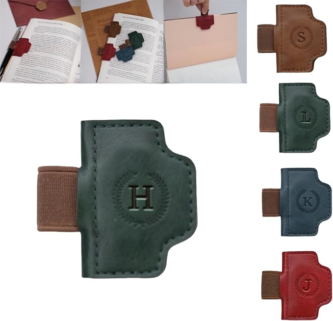 Personalized Magnetic Bygone Mark Bookmark with Pen Holder, 26 Letters Name Initial Custom Leather Book Mark for Women, Gifts for Book Lovers and Readers (Green,H)