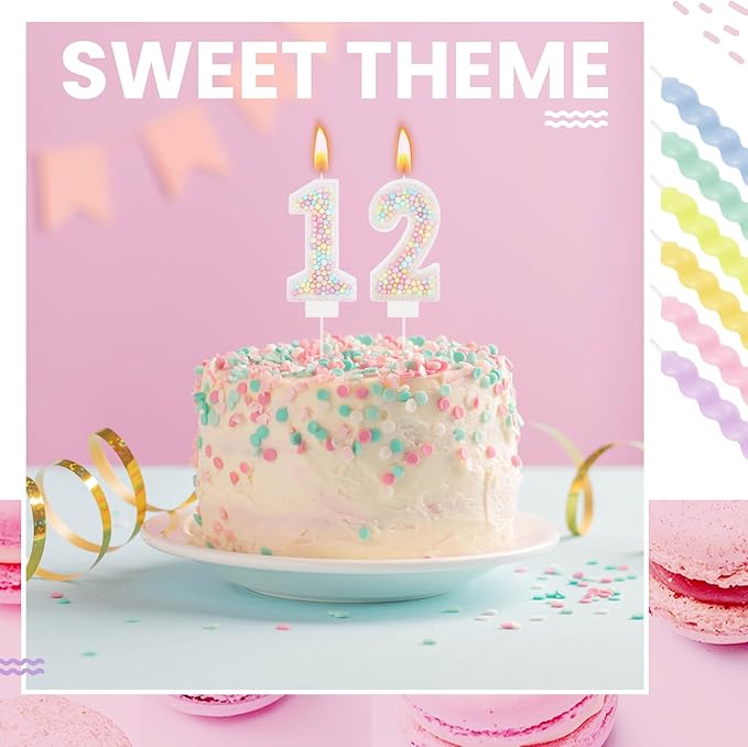 MTLEE Number 12 Birthday Candle with 12 Pcs Spiral Candles for Girls Macaron Pastel Rainbow Unicorn Pink Cake Topper for Sweet Theme Party Decoration