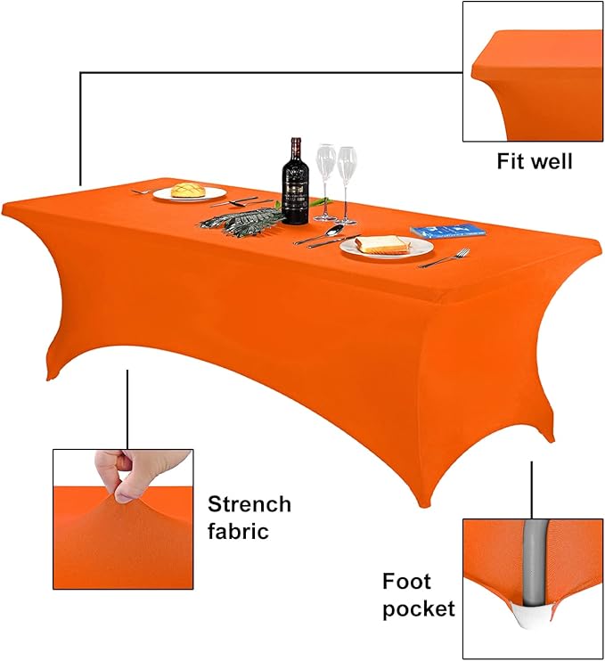 FORLIFE Spandex Table Cover - Fitted 8ft Rectangular Tablecloth, Stretch Patio Cover, Universal for Wedding, Banquet, Party (Orange)