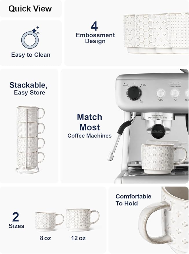 LE TAUCI Stackable Coffee Mugs Set with Stand, Ceramic Embossment Coffee Cups for Au Lait, Cappuccino,Latte,Cafe,Mocha,Tea, Suit For Housewarming Wedding - 12 oz, Set of 4,Arctic white