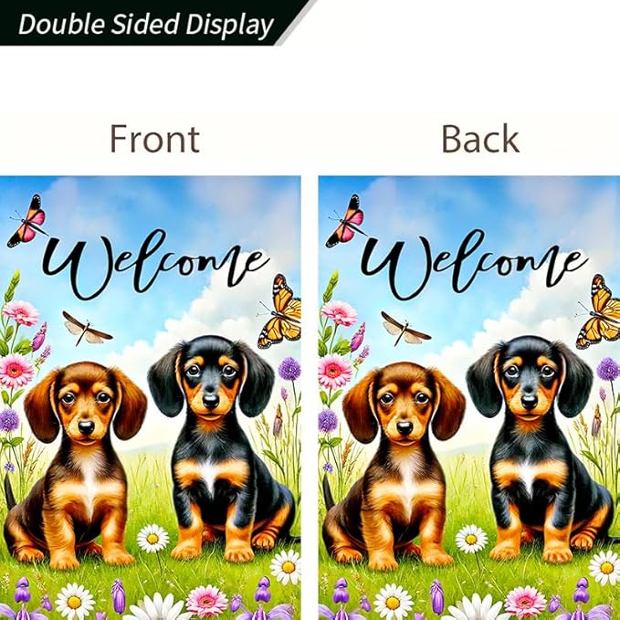 BlissYard Welcome Garden Flag Double Sided 12x18 Inch Dachshund Butterfly Seasonal Spring Small Flags For Outside Outdoor Decor Yard Farmhouse Holiday Spring Summer Decorations Yard Flags