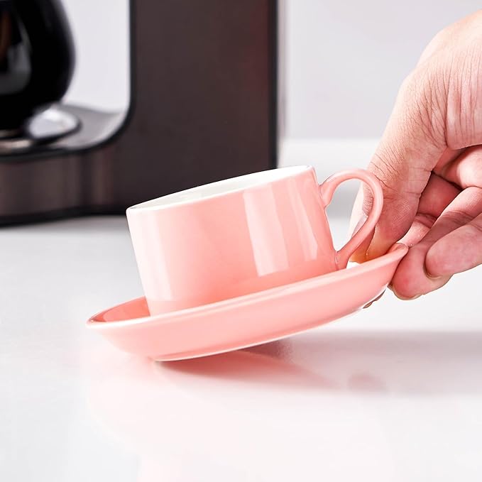 2.5oz Espresso Cups Set of 4, Porcelain Stackable Espresso Cups with Saucers and Metal Stand Set, Pink Expresso Shots Cup Set for Cappuccino, Coffee Drinks, Latte, Tea